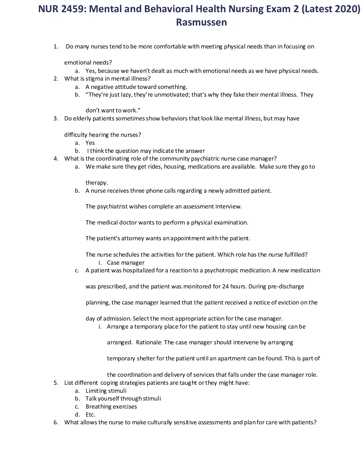 Preview image for NUR 2459: Mental and Behavioral Health Nursing Exam 2 (Latest 2020) Rasmussen